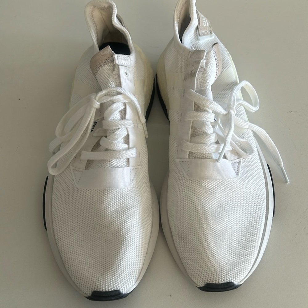 White mens adidas running shoe with white stripe. 12 US